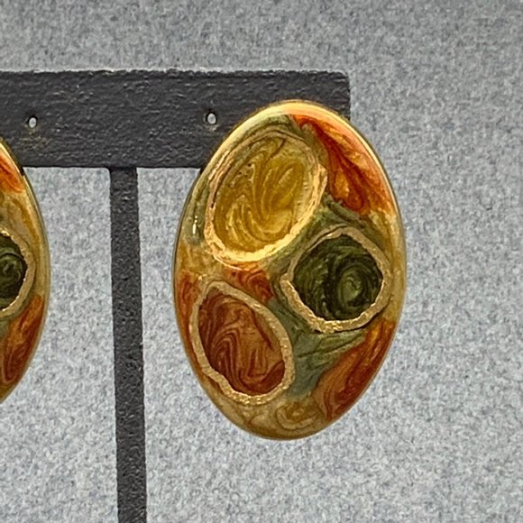 Multicolor Gold Swirl Earrings Pierced Oval Red Blue Green Organic Retro - Picture 3 of 6